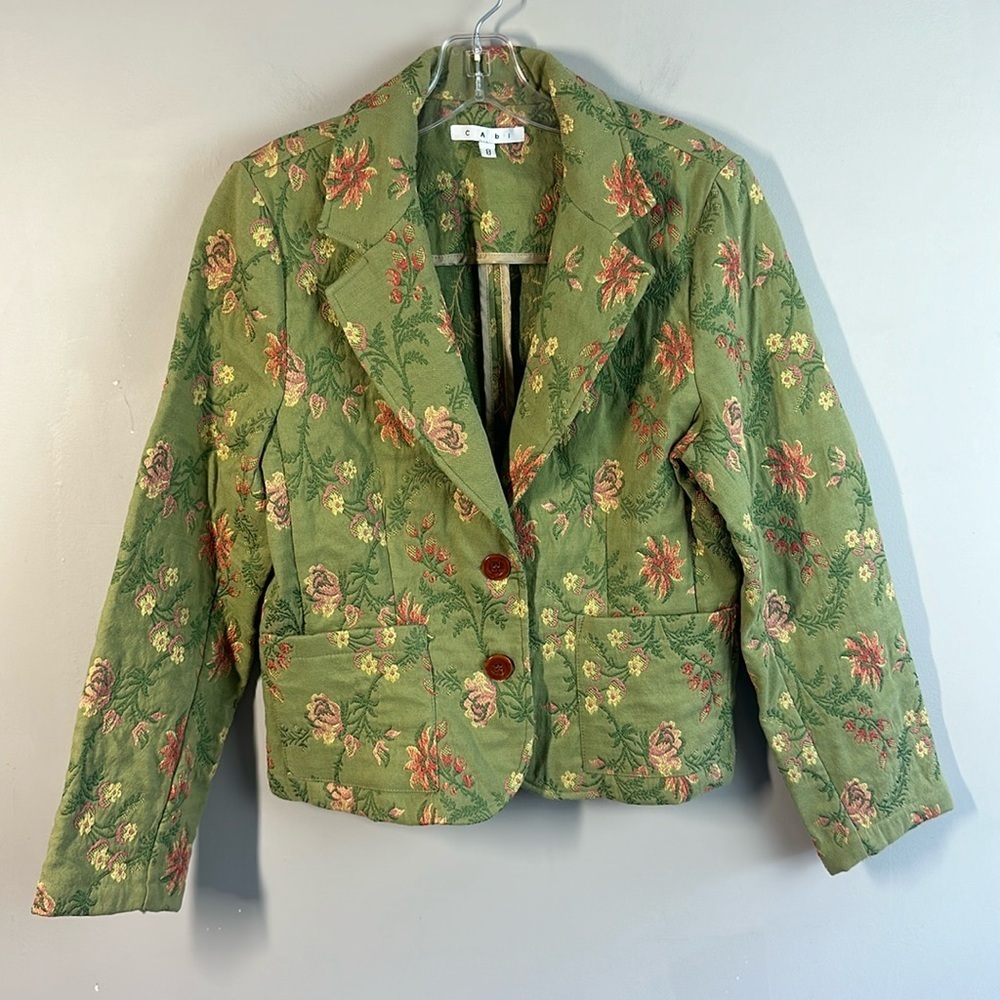 Cabi Green Floral Embroidered Brocade Tapestry Cottagecore Blazer Jacket Size 8